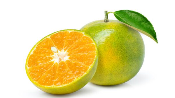 Tangerine,(clementine),Orange,Fruit,With,Green,Leaf,And,Cut,In Orange (Unripe)