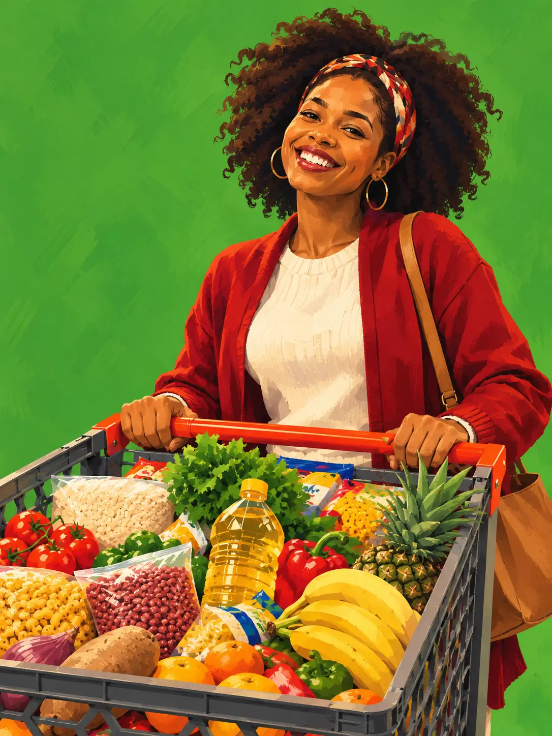 happy woman grocery-shopping for Christmas
